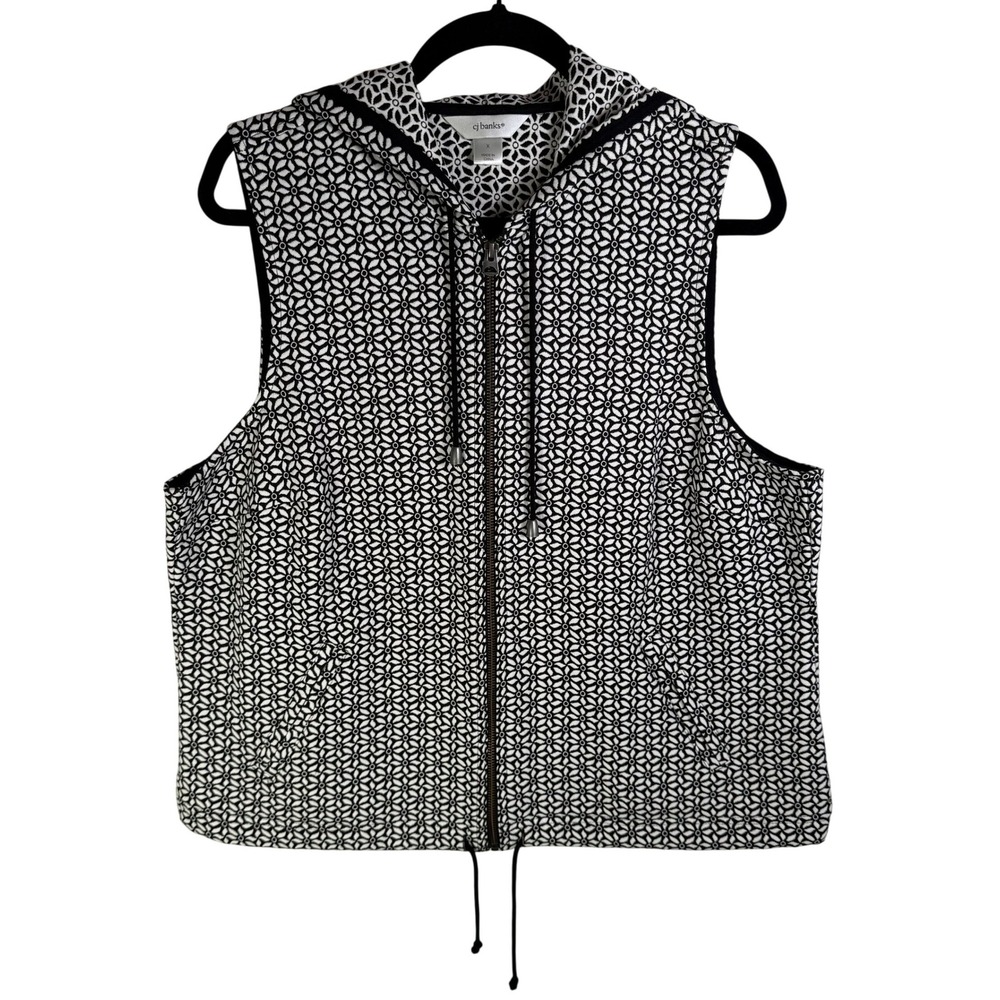 Cj Banks Womens X Black White Geometric Floral Full Zip Hooded Sleeveless Vest